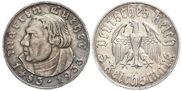 5 Reichsmark Germania nazista (1933-1945) Argento Martin Lutero