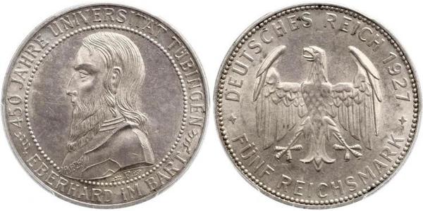 5 Reichsmark Repubblica di Weimar (1918-1933) Argento Eberhard I, Count of Württemberg
