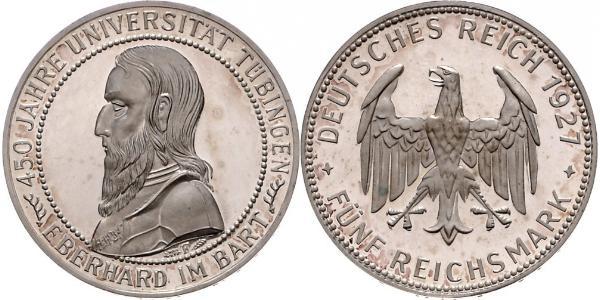 5 Reichsmark Repubblica di Weimar (1918-1933) Argento Eberhard I, Count of Württemberg