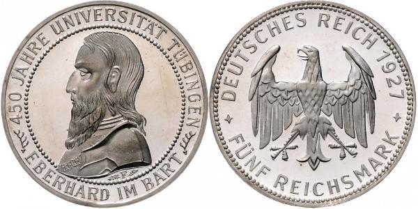5 Reichsmark Repubblica di Weimar (1918-1933) Argento Eberhard I, Count of Württemberg