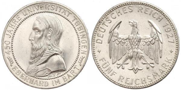 5 Reichsmark Repubblica di Weimar (1918-1933) Argento Eberhard I, Count of Württemberg