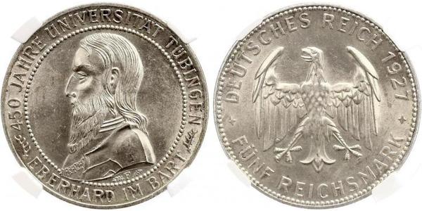 5 Reichsmark República de Weimar (1918-1933) Plata Everardo I de Wurtemberg