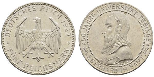 5 Reichsmark Weimarer Republik (1918-1933) Silber Eberhard I. (Württemberg, Graf)