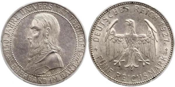 5 Reichsmark Weimarer Republik (1918-1933) Silber Eberhard I. (Württemberg, Graf)