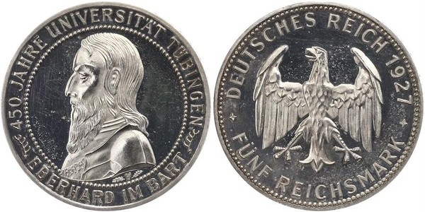 5 Reichsmark Weimarer Republik (1918-1933) Silber Eberhard I. (Württemberg, Graf)