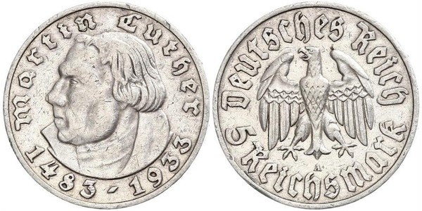 5 Reichsmark Nazi Germany (1933-1945) Silver Martin Luther