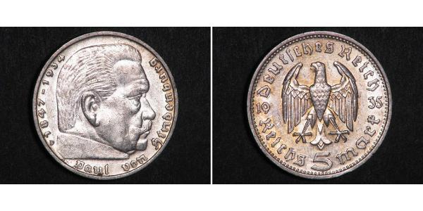 5 Reichsmark Nazi Germany (1933-1945) Silver Paul von Hindenburg