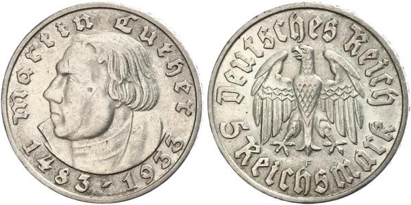 5 Reichsmark Nazi Germany (1933-1945) Silver Martin Luther