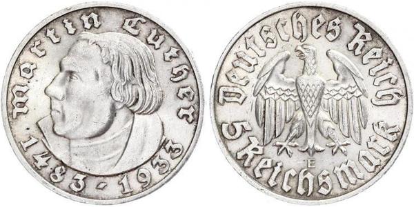 5 Reichsmark Nazi Germany (1933-1945) Silver Martin Luther