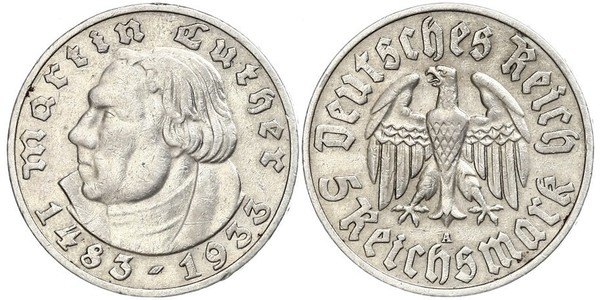 5 Reichsmark Nazi Germany (1933-1945) Silver Martin Luther