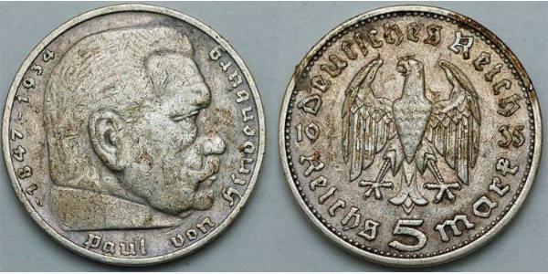 5 Reichsmark Nazi Germany (1933-1945) Silver Paul von Hindenburg