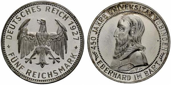 5 Reichsmark Weimar Republic (1918-1933) Silver Eberhard I, Count of Württemberg