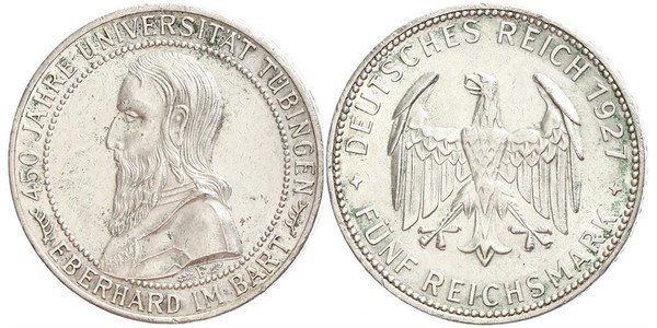 5 Reichsmark Weimar Republic (1918-1933) Silver Eberhard I, Count of Württemberg