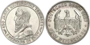 5 Reichsmark Веймарская республика (1918-1933) Серебро Эберхард I Светлый