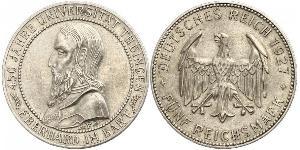 5 Reichsmark Веймарская республика (1918-1933) Серебро Эберхард I Светлый