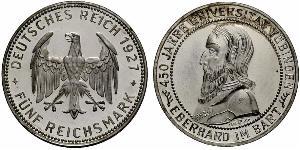 5 Reichsmark Веймарская республика (1918-1933) Серебро Эберхард I Светлый