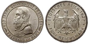 5 Reichsmark Веймарская республика (1918-1933) Серебро Эберхард I Светлый