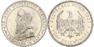 5 Reichsmark Веймарская республика (1918-1933) Серебро Эберхард I Светлый