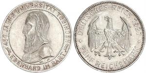 5 Reichsmark Веймарская республика (1918-1933) Серебро Эберхард I Светлый