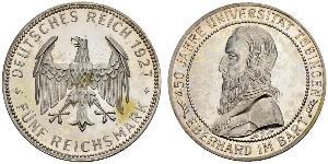 5 Reichsmark Веймарская республика (1918-1933) Серебро Эберхард I Светлый