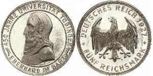 5 Reichsmark Веймарская республика (1918-1933) Серебро Эберхард I Светлый