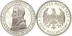 5 Reichsmark Веймарская республика (1918-1933) Серебро Эберхард I Светлый