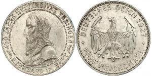 5 Reichsmark Веймарская республика (1918-1933) Серебро Эберхард I Светлый