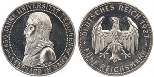 5 Reichsmark Веймарская республика (1918-1933) Серебро Эберхард I Светлый