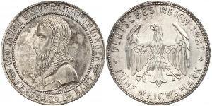 5 Reichsmark Веймарская республика (1918-1933) Серебро Эберхард I Светлый