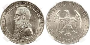 5 Reichsmark Веймарская республика (1918-1933) Серебро Эберхард I Светлый