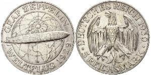 5 Reichsmark Веймарская республика (1918-1933) Серебро 