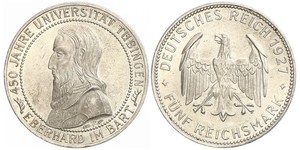 5 Reichsmark Веймарская республика (1918-1933) Серебро Эберхард I Светлый