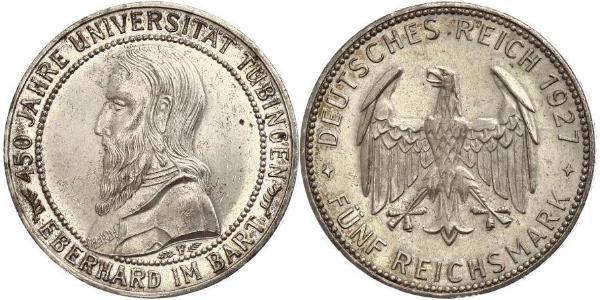5 Reichsmark Веймарская республика (1918-1933) Серебро Эберхард I Светлый