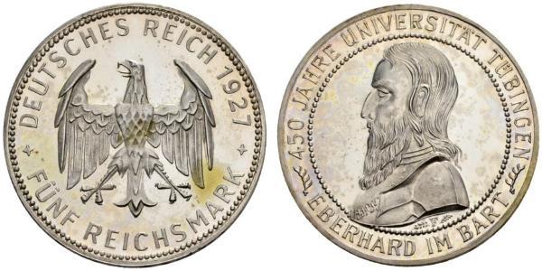 5 Reichsmark Веймарская республика (1918-1933) Серебро Эберхард I Светлый