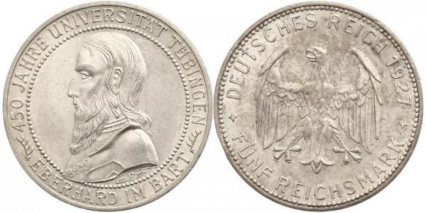 5 Reichsmark Веймарская республика (1918-1933) Серебро Эберхард I Светлый