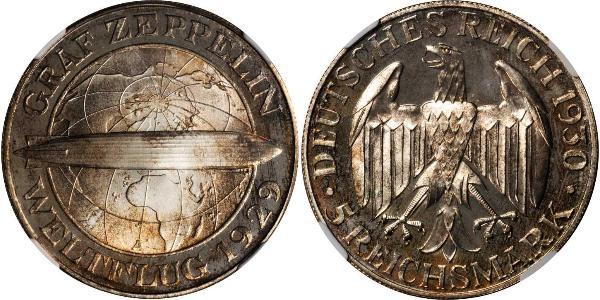 5 Reichsmark Веймарская республика (1918-1933) Серебро 