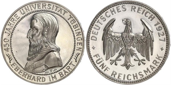 5 Reichsmark Веймарская республика (1918-1933) Серебро Эберхард I Светлый