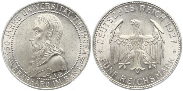 5 Reichsmark Веймарская республика (1918-1933) Серебро Эберхард I Светлый