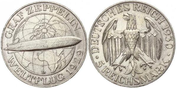 5 Reichsmark Веймарская республика (1918-1933) Серебро 