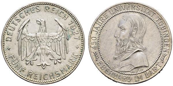 5 Reichsmark Веймарская республика (1918-1933) Серебро Эберхард I Светлый