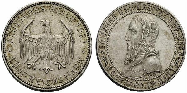 5 Reichsmark Веймарская республика (1918-1933) Серебро Эберхард I Светлый