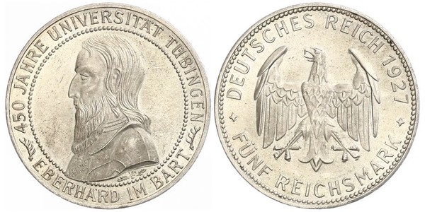 5 Reichsmark Веймарская республика (1918-1933) Серебро Эберхард I Светлый