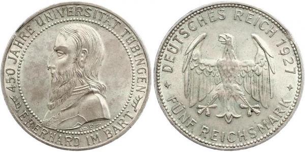 5 Reichsmark Веймарская республика (1918-1933) Серебро Эберхард I Светлый