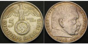 5 Reichsmark Третий рейх (1933-1945) Серебро Гинденбург, Пауль фон