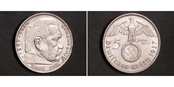 5 Reichsmark Третий рейх (1933-1945) Серебро Гинденбург, Пауль фон