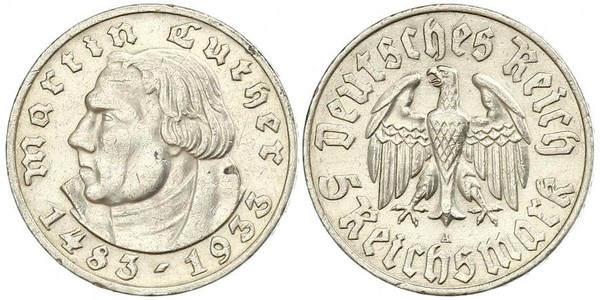 5 Reichsmark Третий рейх (1933-1945) Серебро Лютер, Мартин