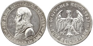 5 Reichsmark Веймарська республіка (1918-1933) Срібло Ебергард I (граф Вюртембергу)