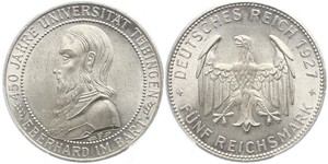 5 Reichsmark Веймарська республіка (1918-1933) Срібло Ебергард I (граф Вюртембергу)