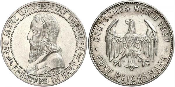 5 Reichsmark Веймарська республіка (1918-1933) Срібло Ебергард I (граф Вюртембергу)