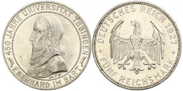5 Reichsmark Веймарська республіка (1918-1933) Срібло Ебергард I (граф Вюртембергу)